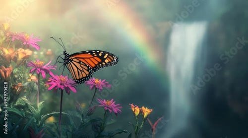 Vibrant butterfly on colorful flowers with a waterfall and rainbow in the background, creating a serene and magical nature scene.