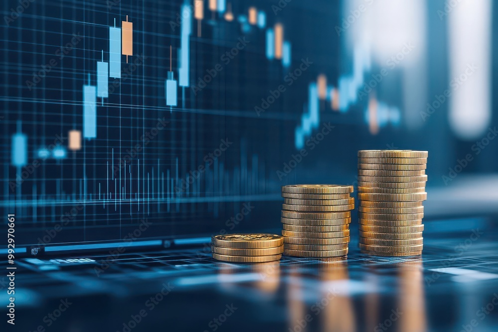 Line graph with gold coins, financial success, futuristic feel, 3D illustration Line graph with gold coins, financial success, futuristic feel, 3D illustration