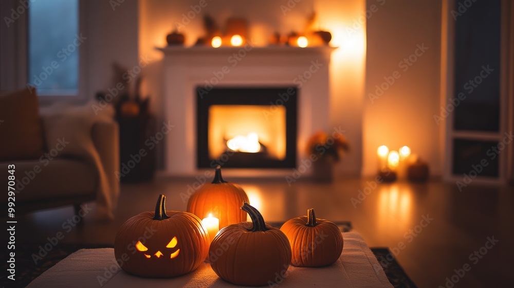 Obraz premium A minimalist living room during the day, with pumpkins and a glowing fireplace, creating a cozy Halloween atmosphere. Focal point on the light. No people.