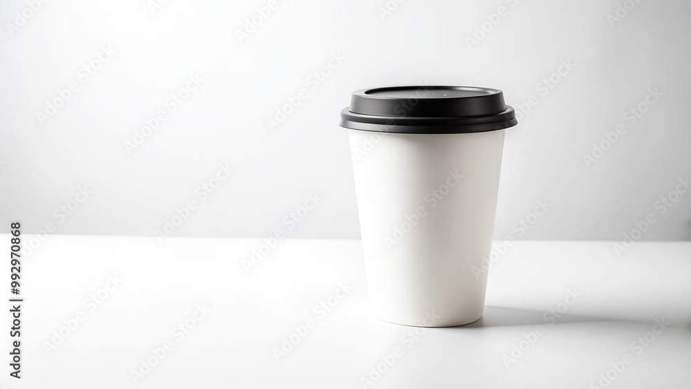 Minimalist white takeaway coffee cup with black lid, isolated on a light background for modern coffee shop branding, product packaging design, mockups, and minimalist design presentations. Minimalist white takeaway coffee cup with black lid, isolated on a light background for modern coffee shop branding, product packaging design, mockups, and minimalist design presentations.