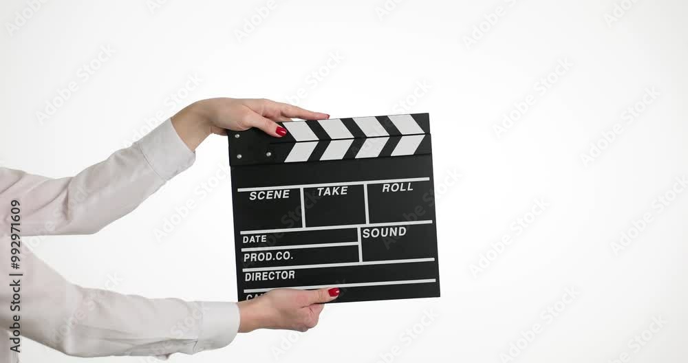 Female hands clip using black clapboard to give signal to start shooting film. Woman assistant against isolated white background during set Female hands clip using black clapboard to give signal to start shooting film. Woman assistant against isolated white background during set