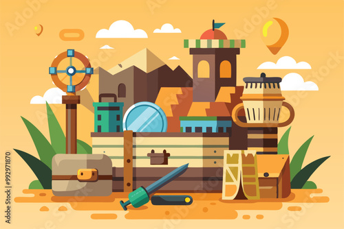 A collection of artifacts and tools organized for a treasure scavenging adventure in a desert, Customizable semi-flat illustration for a scavenger hunt.