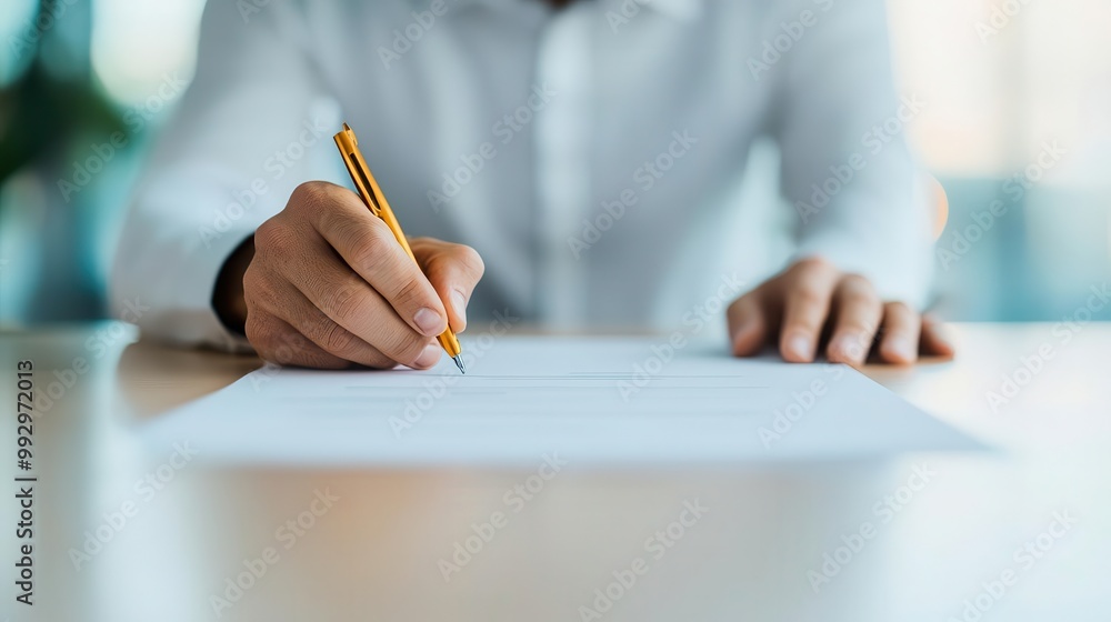 Person writing on paper with pencil, office environment, focus on hands Person writing on paper with pencil, office environment, focus on hands