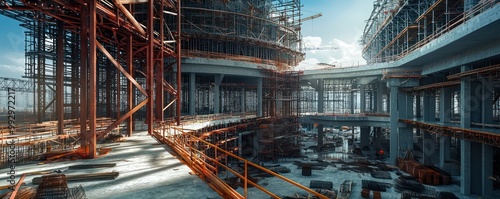 Realistic view of a massive shopping mall under construction, focusing on the architectural design and structural steelwork