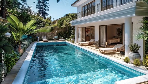 Wallpaper Mural A villa has a fiberglass swimming pool in the courtyard. Generative AI. Torontodigital.ca