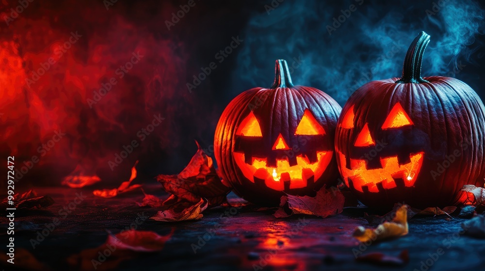 Close-up of carved pumpkins glowing in orange and red hues, with a dark background. Space for text in the empty area on the left. No logo. Close-up of carved pumpkins glowing in orange and red hues, with a dark background. Space for text in the empty area on the left. No logo.