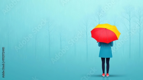 Model holding an umbrella in a rainy forest, misty atmosphere, flat design illustration