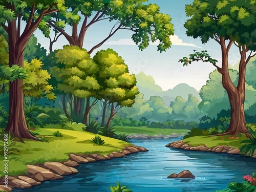 Forest scene with various forest trees with river and home