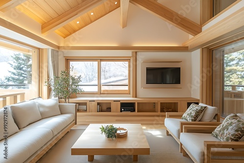 Cozy modern living room with natural wood accents.