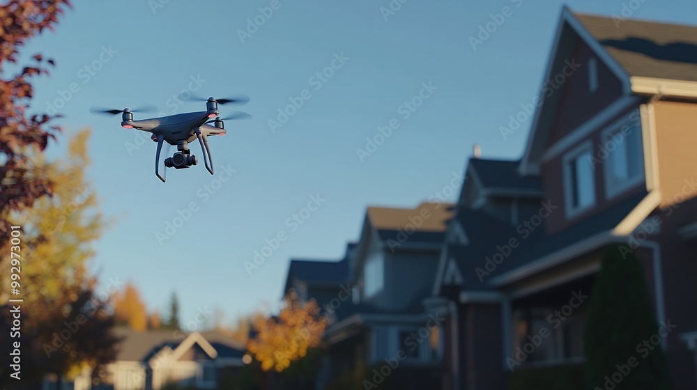 A drone flying over a suburban neighborhood with houses and trees in the background. A drone flying over a suburban neighborhood with houses and trees in the background.