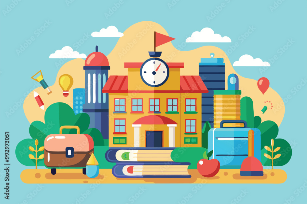 A vibrant illustration of essential school supplies and a cheerful school building, embodying back-to-school spirit, Customizable Semi Flat Illustration for Back to School A vibrant illustration of essential school supplies and a cheerful school building, embodying back-to-school spirit, Customizable Semi Flat Illustration for Back to School