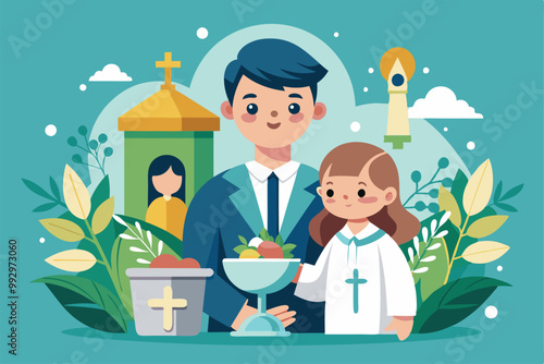 A young child participates in a baptism ceremony with a priest, showcasing religious symbols and nature, Customizable semi-flat illustration for baptism.