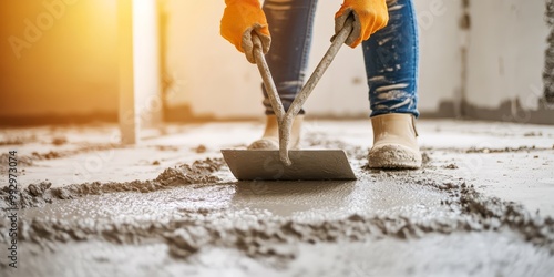 Worker leveling concrete floor with trowel in a construction site, showcasing manual labor and industrial work. photo