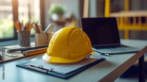 Yellow construction helmet on a clipboard at a desk with a laptop, symbolizing workplace safety and planning in an office setting.