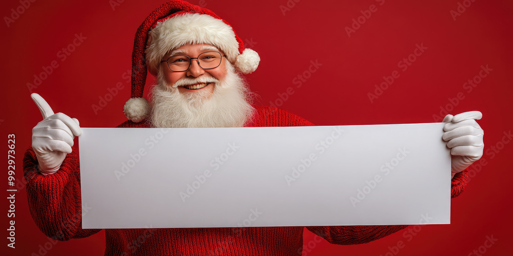 Naklejka premium Santa claus cheerfully holds a blank sign against a red background, perfect for holiday advertising with ample copy space. Christmas background. Mock up. Banner