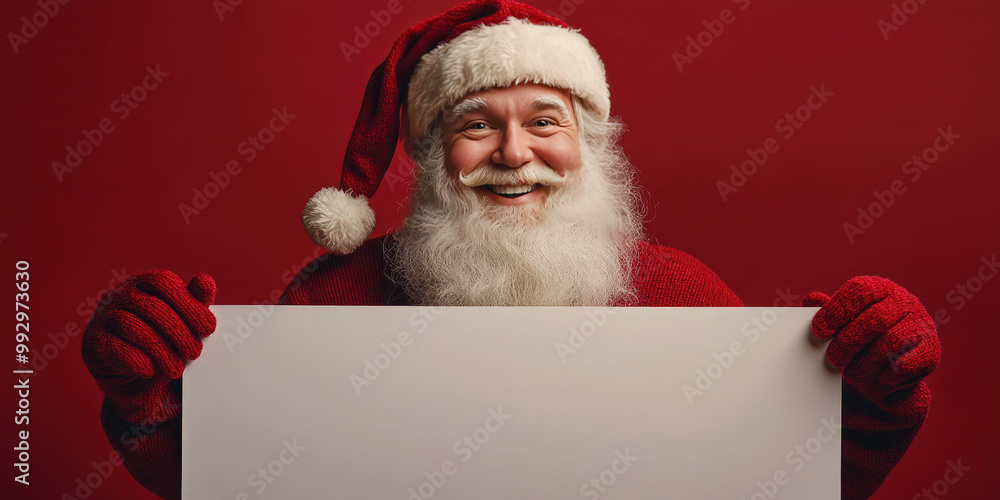 Naklejka premium Santa claus cheerfully holds a blank sign against a red background, perfect for holiday advertising with ample copy space. Christmas background. Mock up. Banner