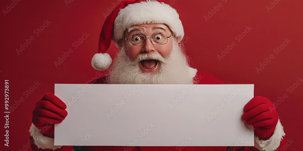 Naklejka premium Surprised Santa Claus making a shocked face while holding a blank white sign. Christmas promotions, discounts, sale. Copy space. Mock up.