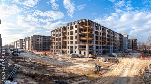 A Panoramic View of a New Apartment Complex Under Construction with Bright Blue Sky and Clouds