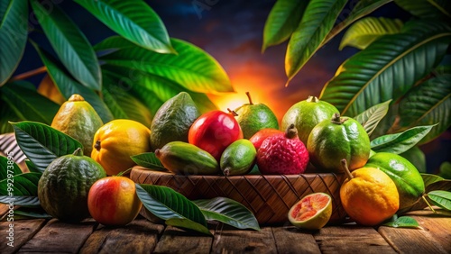 Vibrant green leaves frame fresh guavas, perfectly displayed against a rich tropical landscape, highlighting the