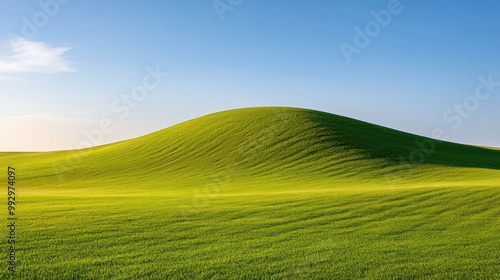 Green grassy hill with a clear blue sky in the background, emphasizing natural beauty and tranquility.