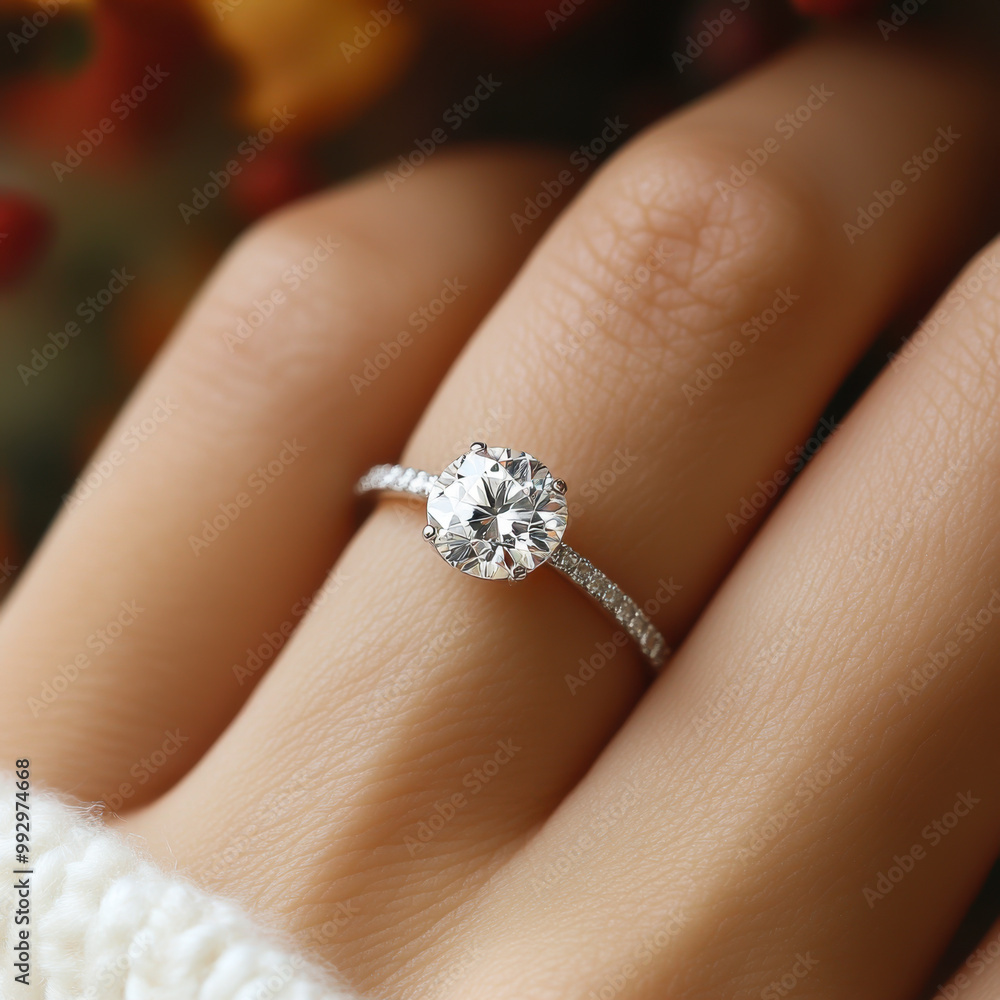 Close up of an elegant engagement diamond ring on woman finger Close up of an elegant engagement diamond ring on woman finger