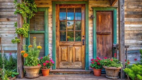 Weathered wood screen doors bring rustic charm to a quaint home setting, featuring beautiful vintage details that