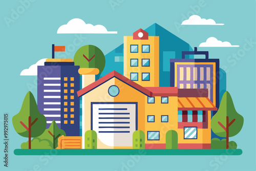 A colorful urban landscape features various buildings, trees, and clouds, showcasing a lively city environment, Customizable Semi Flat Illustration for buildings