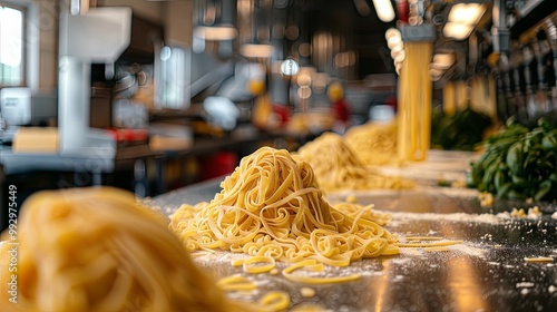 Production of pasta at the factory, modern technology concept photo