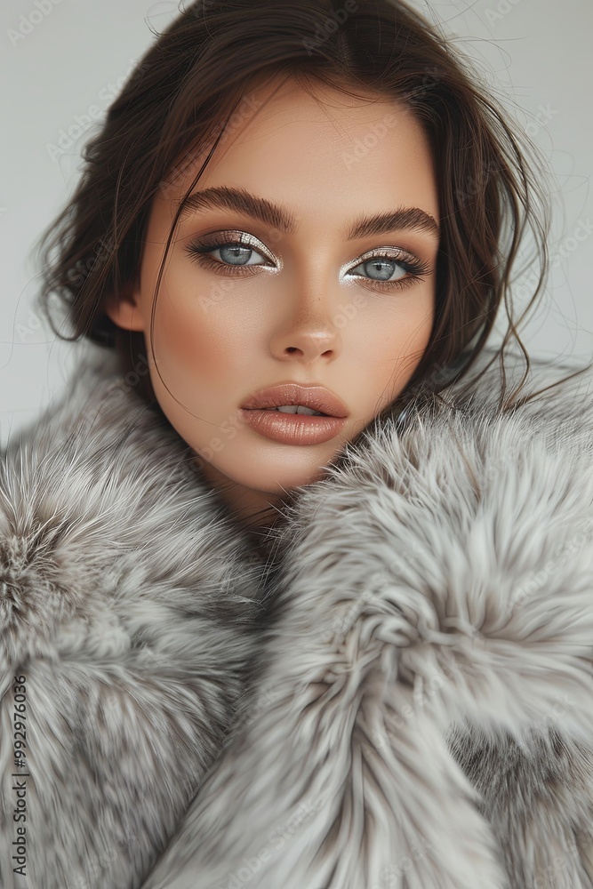 Winter fashion featuring a stunning young woman in an elegant silver fox fur coat, showcasing evening makeup against a gray studio backdrop Winter fashion featuring a stunning young woman in an elegant silver fox fur coat, showcasing evening makeup against a gray studio backdrop