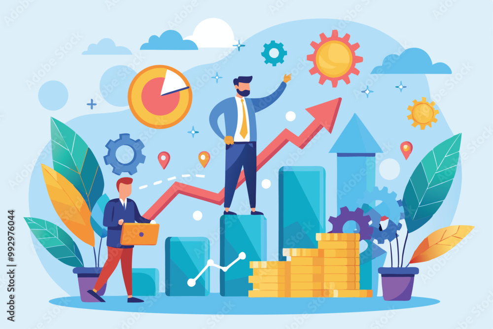Two professionals collaborate on business growth through analysis and visual data representation, Customizable Semi Flat Illustration for Business Growth Two professionals collaborate on business growth through analysis and visual data representation, Customizable Semi Flat Illustration for Business Growth