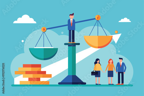 A group of professionals weighs financial growth against ethical considerations while evaluating investments, Customizable semi flat illustration for business risk.