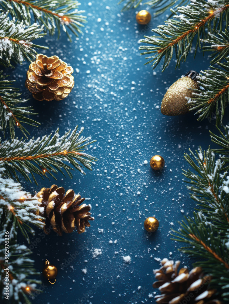 Christmas composition with balls and fir branches on blue background Christmas composition with balls and fir branches on blue background