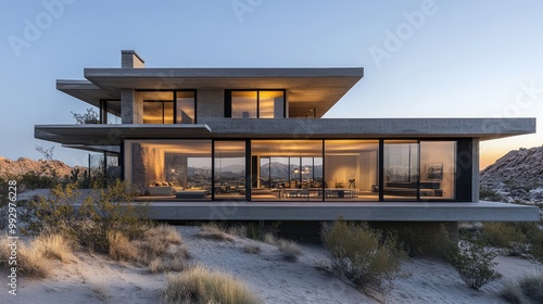 Minimalist desert retreat with expansive views of sand dunes and a modern, open design