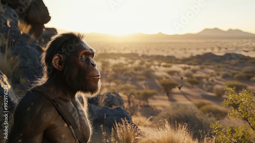 Fototapeta Naklejka Na Ścianę i Meble -  Homo habilis showcasing a rugged appearance with a prominent brow ridge, near a rocky formation in a dry landscape, bathed in early morning light, representing adaptation and endurance