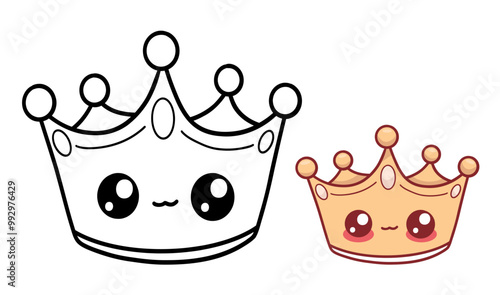 Cute character crown set. Isolated colored and outline stroke funny kawaii character. Vector illustration. Kids collection. coloring book.