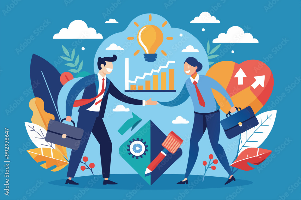 Two business professionals shake hands surrounded by growth graphs and innovative tools for success, Customizable Semi Flat Illustration for business merger Two business professionals shake hands surrounded by growth graphs and innovative tools for success, Customizable Semi Flat Illustration for business merger