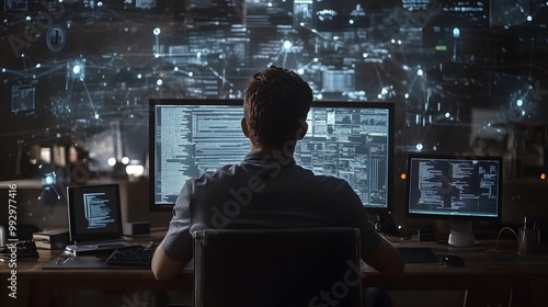 Man Working at Computer with Lines and Circles on Screen