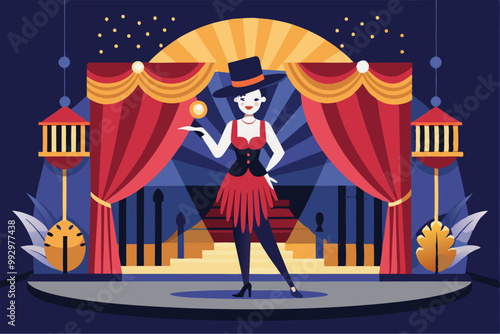 Entertaining audience with a dazzling act, a performer showcases skills under colorful lights in a cabaret, Customizable semi-flat illustration for cabaret.