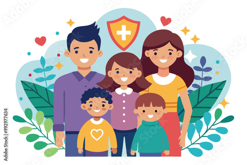 A joyful family stands together, representing love and unity in the child adoption process, Customizable Semi Flat Illustration for Child Adoption