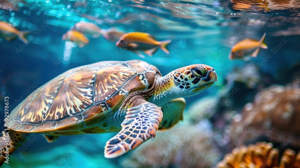 Obraz premium Sea Turtle Habitat: An immersive habitat with a vast tank, allowing green sea turtles to swim freely alongside an array of tropical fish in a serene environment. 