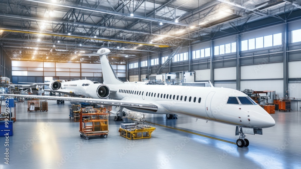 A modern aircraft in a spacious hangar, showcasing aviation technology and maintenance. A modern aircraft in a spacious hangar, showcasing aviation technology and maintenance.