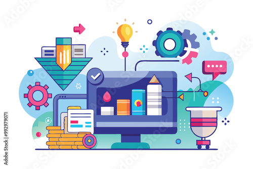 This artwork features a modern computer surrounded by design elements representing innovation and technology, Customizable Semi Flat Illustration for love