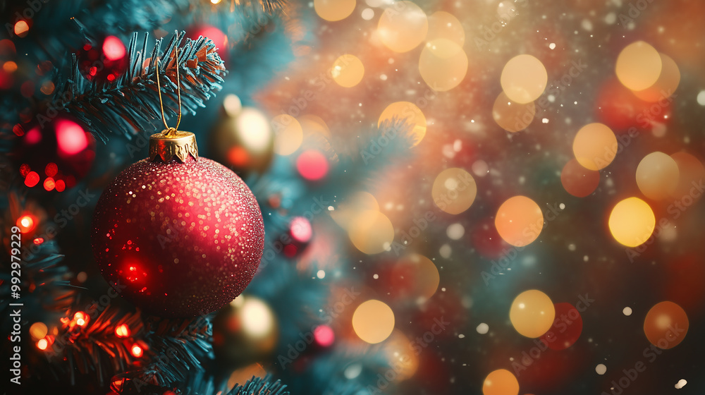 Christmas background. Christmas tree close up with blurred holiday lights, gifts and Christmas backdrops Christmas background. Christmas tree close up with blurred holiday lights, gifts and Christmas backdrops