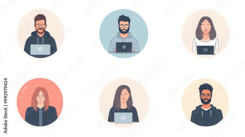 a set of illustrated avatars in circular frames showcasing diverse software developers and clients. One developer wears a hoodie holding a laptop, a client has long straight hair a set of illustrated avatars in circular frames showcasing diverse software developers and clients. One developer wears a hoodie holding a laptop, a client has long straight hair