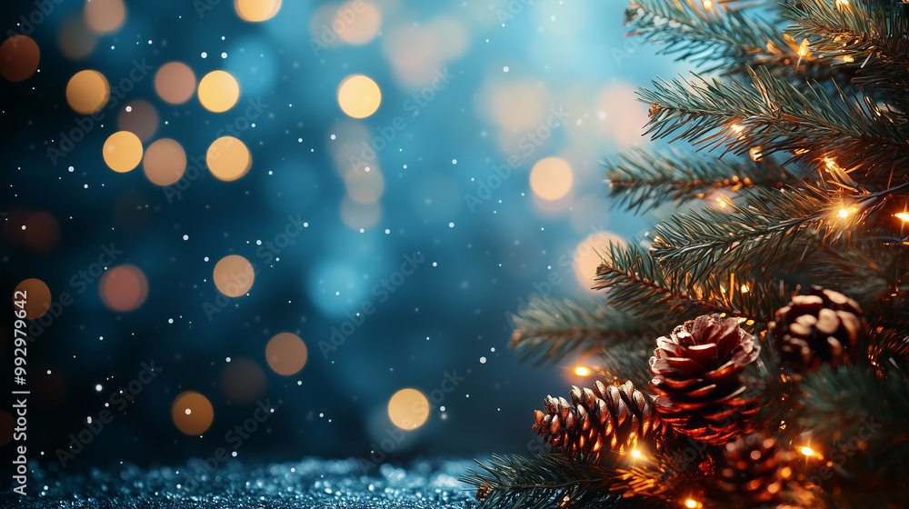 Christmas background. Christmas tree close up with blurred holiday lights, gifts and Christmas backdrops Christmas background. Christmas tree close up with blurred holiday lights, gifts and Christmas backdrops