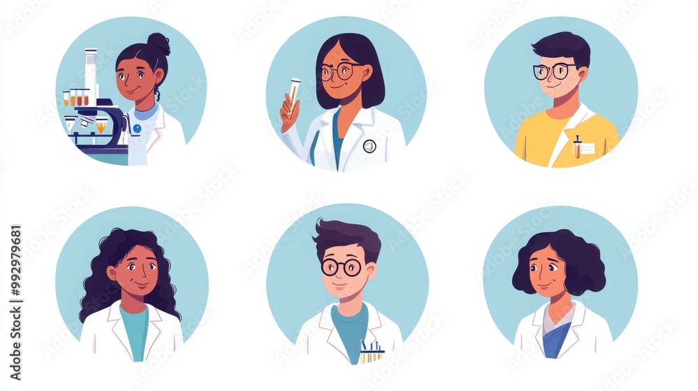 a set of illustrated avatars in circular frames showcasing diverse scientists and lab assistants. One scientist wears a lab coat holding a test tube, an assistant has shoulder-length hair a set of illustrated avatars in circular frames showcasing diverse scientists and lab assistants. One scientist wears a lab coat holding a test tube, an assistant has shoulder-length hair
