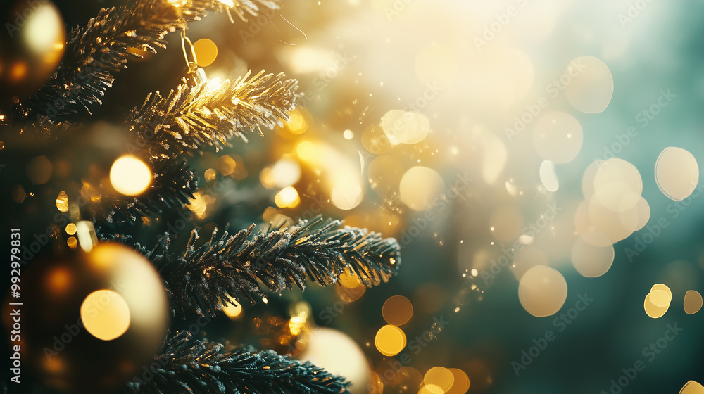 Christmas background. Christmas tree close up with blurred holiday lights, gifts and Christmas backdrops Christmas background. Christmas tree close up with blurred holiday lights, gifts and Christmas backdrops