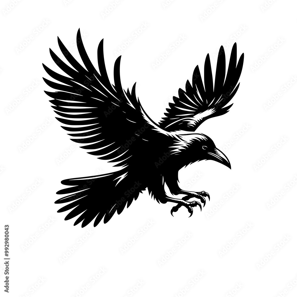 Obraz premium Vector logo of a flying raven. black and white illustration of a crow isolated on white background. can be used as a tattoo, emblem, logo.