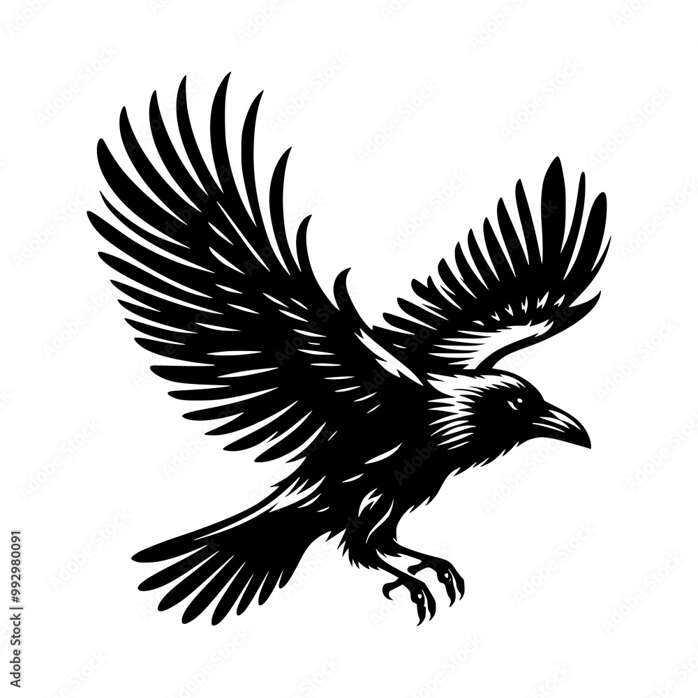 Obraz premium Vector logo of a flying raven. black and white illustration of a crow isolated on white background. can be used as a tattoo, emblem, logo.