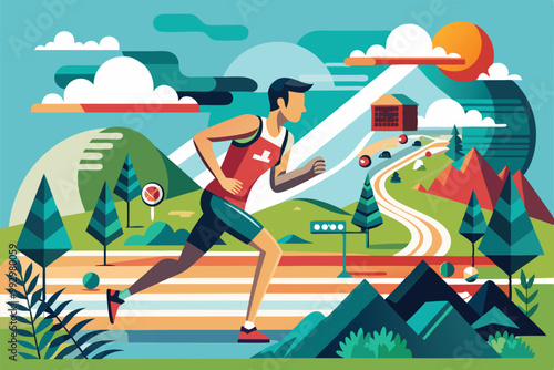 A runner navigates a colorful cross-country course filled with hills and trees during daylight, Customizable semi-flat illustration for cross country race.